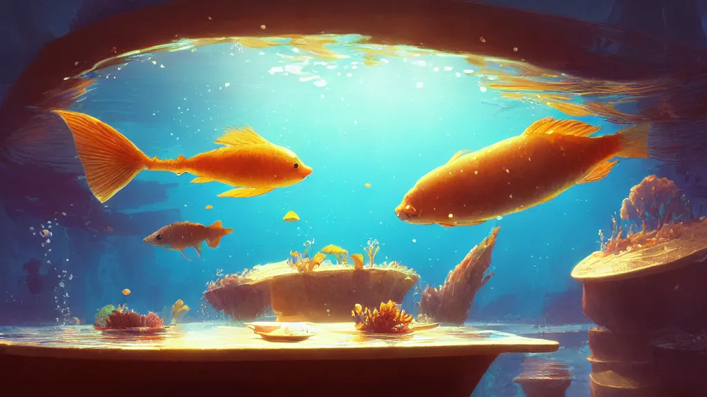 Prompt: digital underwater art of a happy flat pancake fish swimming in syrup, cute, 4 k, fish made of pancake, fantasy food world, living food adorable pancake, vivid atmospheric lighting, by makoto shinkai, studio ghibli, greg rutkowski, ross tran