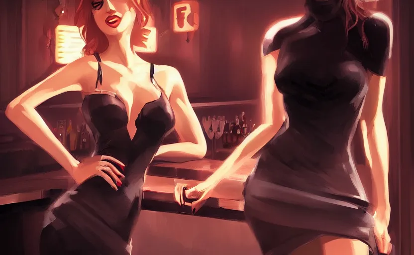 Image similar to femme fatale, at a bar, at night, dramatic lighting, black revealing dress, smiling, 2d digital character art, artstation, extremely detailed, beautiful, sharp, by WLOP