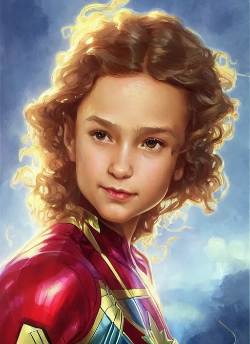 Image similar to a little girl with a mischievous face and light brown curly wavy hair. she is dressed as captain marvel, wonder woman, captain america, a superhero. clean elegant painting, beautiful detailed face. by artgerm and greg rutkowski and alphonse mucha