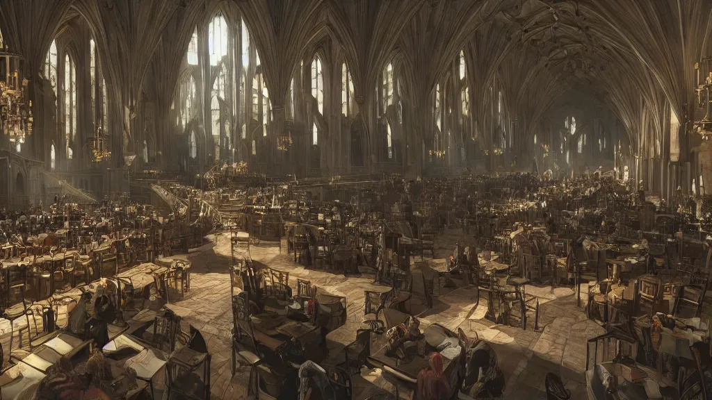 Image similar to hogwarts cinematic great hall art, detailed epic illustration, darek zabrocki, unreal engine,