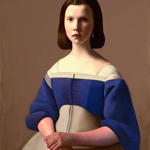 Prompt: Painting of Millie Bobby Brown by Johannes Vermeer