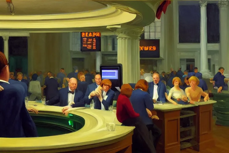 Prompt: bears screaming on the floor of the NYSE as the markets rally to all-time-highs, painting by Edward Hopper, 3D rendering by Beeple, lead guitar by Betty White