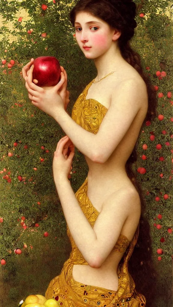 Image similar to painting portrait of a beautiful girl with an apple in her hand, intricate, elegant, digital painting, smooth, sharp focus, shiny gold, realistic gold, realistic metal, by William-Adolphe Bouguereau and Gustav Klimt,