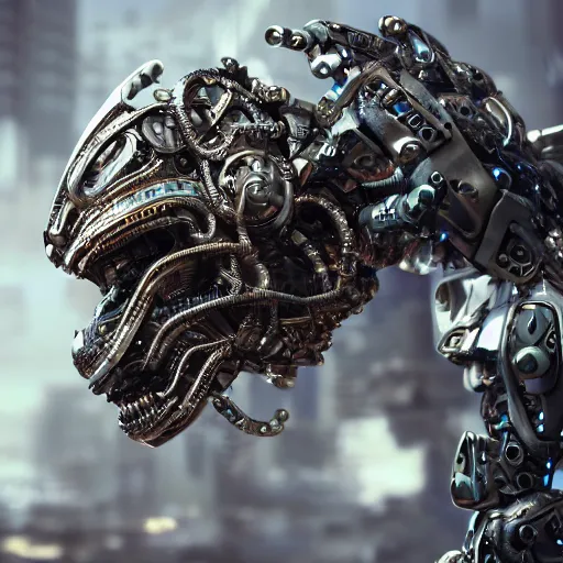 Prompt: Ultra-detailed cinematic render of a macro mecha cyborg face, cyborg eyes, metalic reflection, intricate details, full body, torso, wires, unreal engine, dragon armor, intricate, octane render, high quality, ornate gems, 8k, by takeshi yoshida, volumetric lighting, person centered composition, trending on art station