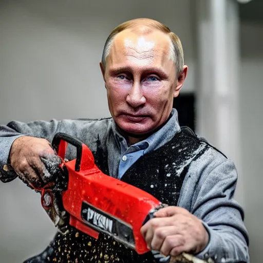 Prompt: putin with a chainsaw and a corpse. in a concrete bunker. focus on face with blood splatters. canon eos r 3, f / 1. 4, iso 4 0 0, 1 / 1 6 0 s, 8 k, raw