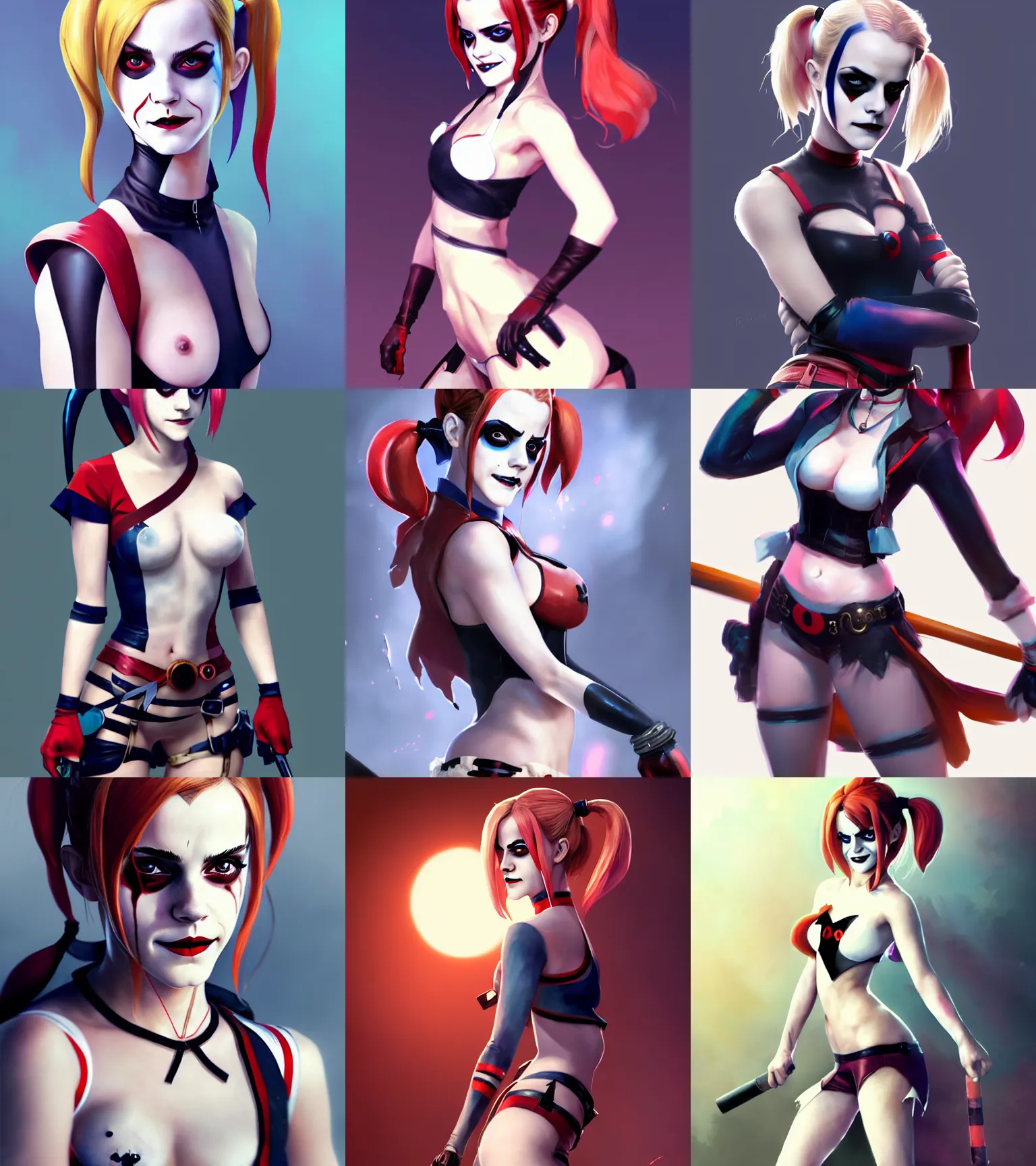 Prompt: attractive Emma Watson as Harley Quinn and Rem from Re:Zero, hourglass slim figure, full body shot close up, seductive smile, details, sharp focus, illustration, by Jordan Grimmer and greg rutkowski, Trending artstation, pixiv, digital Art