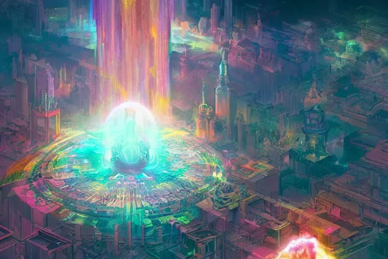 Image similar to infographic of a [ heavenly realm ] ~ in the style of a ~ [ three dimensional hologram ] ~ highly detailed digital saturated colors full color drawn by [ wlop and greg rutkowski ]