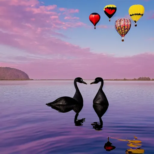 Image similar to photo of two black swans swimming in a beautiful reflective mountain lake, touching heads, forming a heart with their necks, a colorful hot air balloon is flying above the swans, hot air balloon, intricate, portrait, 8k highly professionally detailed, HDR, CGsociety, octane render, 4k