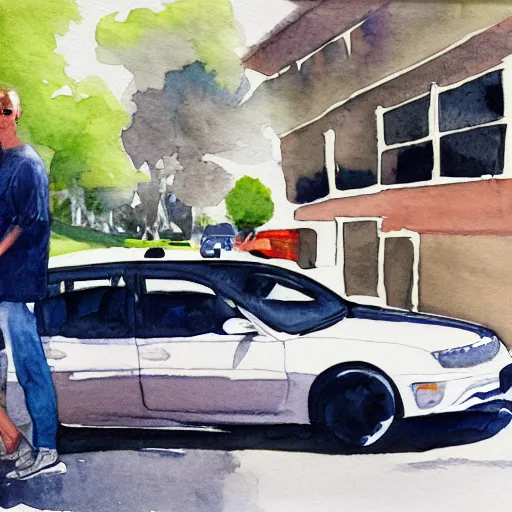 Image similar to a watercolor painting of some people next to a car