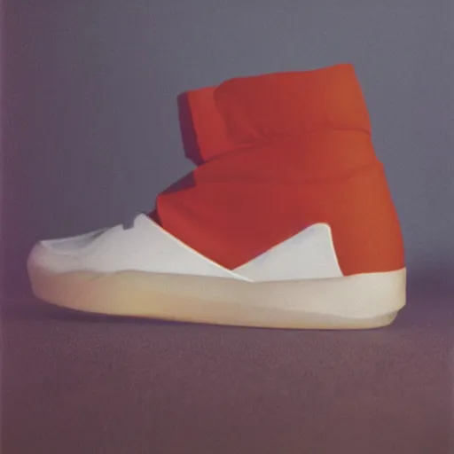 Image similar to a studio photoshoot of A Nike sneaker designed by Jerry Lorenzo, realistic, color film photography by Tlyer Mitchell, 35 mm, graflex