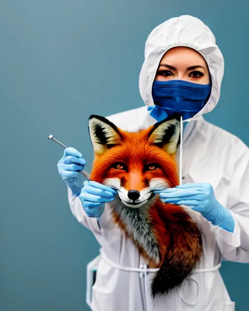 Image similar to photorealistic photo of anthropomorphic female fox animal dressed in labcoat, surgical mask covering mouth, putting on surgical gloves, fox animal, hospital in background, oil painting, 8 5 mm f / 1. 4