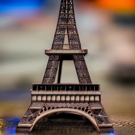 Image similar to a macro photo of a very detailed miniature model of the eiffel tower, close - up, intricately detailed buildings, cars and people, intricately detailed markings, intricate textures, warm lighting, vivid colors, realistic octane render, hyper realistic render, volumetric shading, depth of field, raytracing, 8 k,