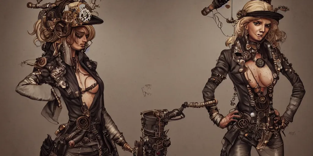 Image similar to steampunk britney spears, character sheet, concept design, contrast, kim jung gi, greg rutkowski, zabrocki, karlkka, jayison devadas, trending on artstation, 8 k, ultra wide angle, pincushion lens effect