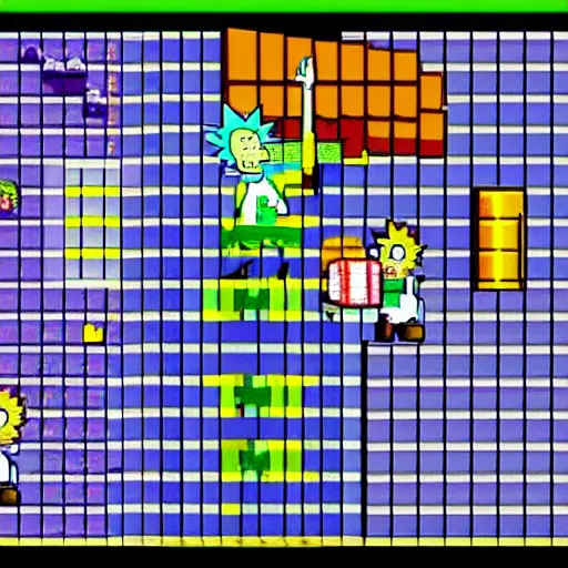 Prompt: Rick and Morty as characters in SNES Super Mario Bros, pixelated, 8bit