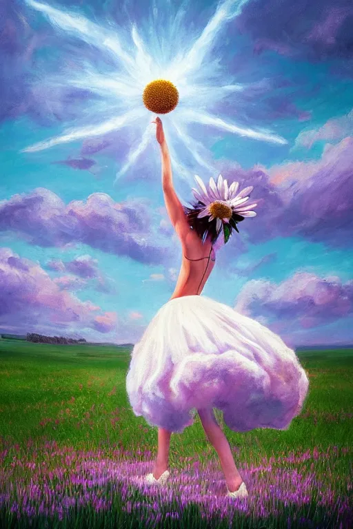 Image similar to giant white daisy flower as head, girl dancing in a flower field, surreal photography, sunrise, dramatic light, impressionist painting, colorful clouds, digital painting, artstation, simon stalenhag