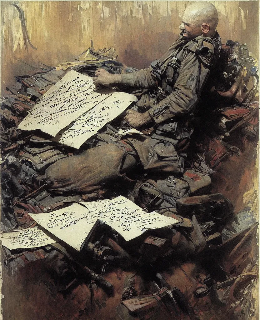 Prompt: a painting of lots of words in a hand written letter by a soldier in el alamein battle, war wwii, explosions, black and white, jeremy mann, alphonse mucha