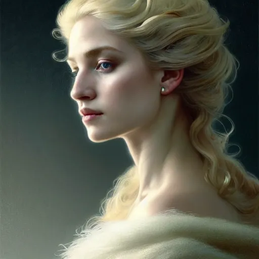 Image similar to portrait painting of a beautiful blonde woman with a kind face wearing a feathered cloak and a fancy silk white dress, ultra realistic, concept art, intricate details, eerie, highly detailed, photorealistic, octane render, 8 k, unreal engine. art by artgerm and greg rutkowski and charlie bowater and magali villeneuve and alphonse mucha