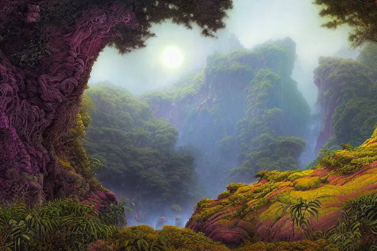 Image similar to digital painting of a lush natural scene on an alien planet by gerald brom. digital render. detailed. beautiful landscape. colourful weird vegetation. cliffs and water. misty and wet.