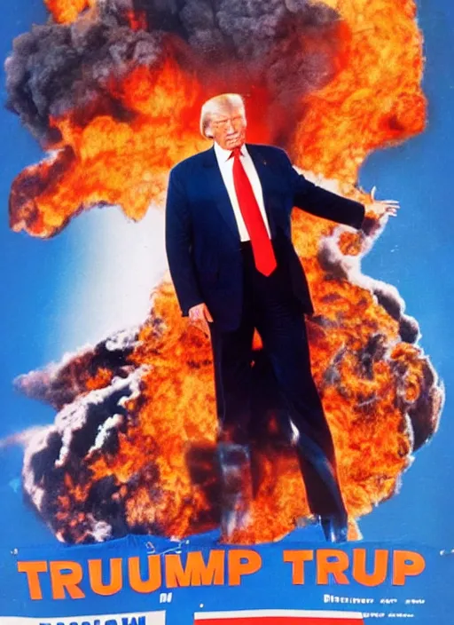 Image similar to an 8 0's john alvin action movie poster of donald trump starring in trumpster fire. explosions.