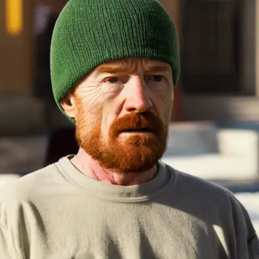 Image similar to Live Action Still of Bryan Cranston dressed as Jesse Pinkman wearing a beanie, real life, hyperrealistic, ultra realistic, realistic, highly detailed, epic, HD quality, 8k resolution, body and headshot, film still