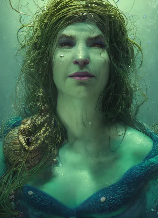 Prompt: underwater portrait of shrek as the mermaid, apocalypse, naturel, hyper detailed, digital art, trending in artstation, cinematic lighting, studio quality, smooth render, unreal engine 5 rendered, octane rendered, art style by klimt and nixeu and ian sprigger and wlop and krenz cushart.