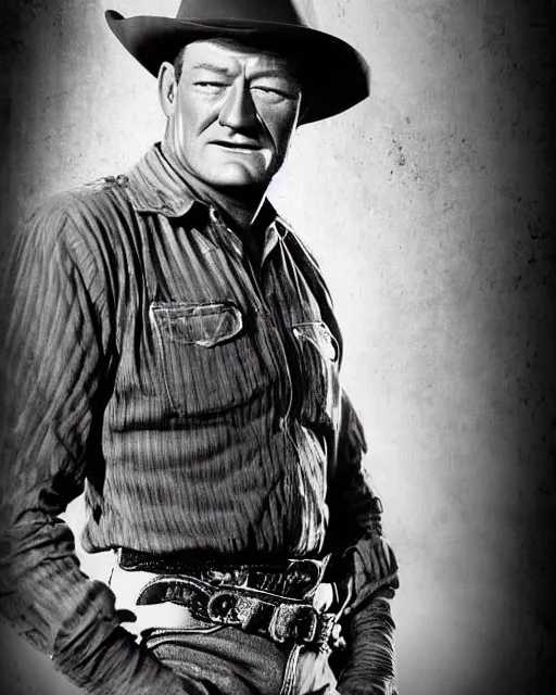 Prompt: vintage B&W ultimate cowboy photograph of John Wayne, untitled, hard lighting, photorealistic, high quality, high resolution, cinematic detailed