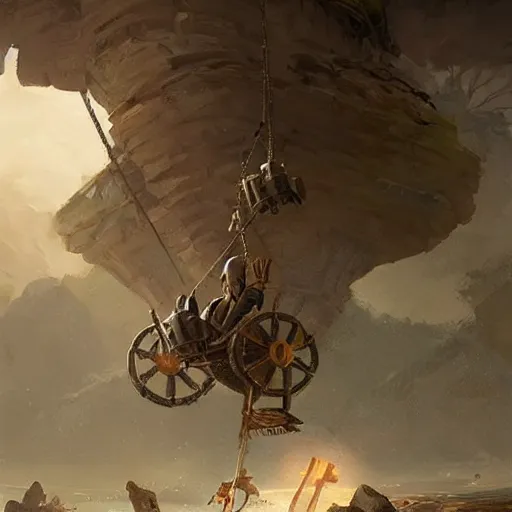 Image similar to a sling catapult, rocks flying, cart wheels, epic fantasy style art by greg rutkowski, fantasy epic digital art