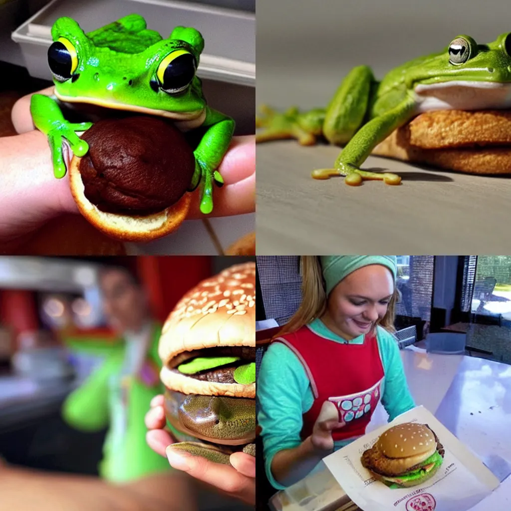 Prompt: you think you are getting a bigmac but there's a frog inside