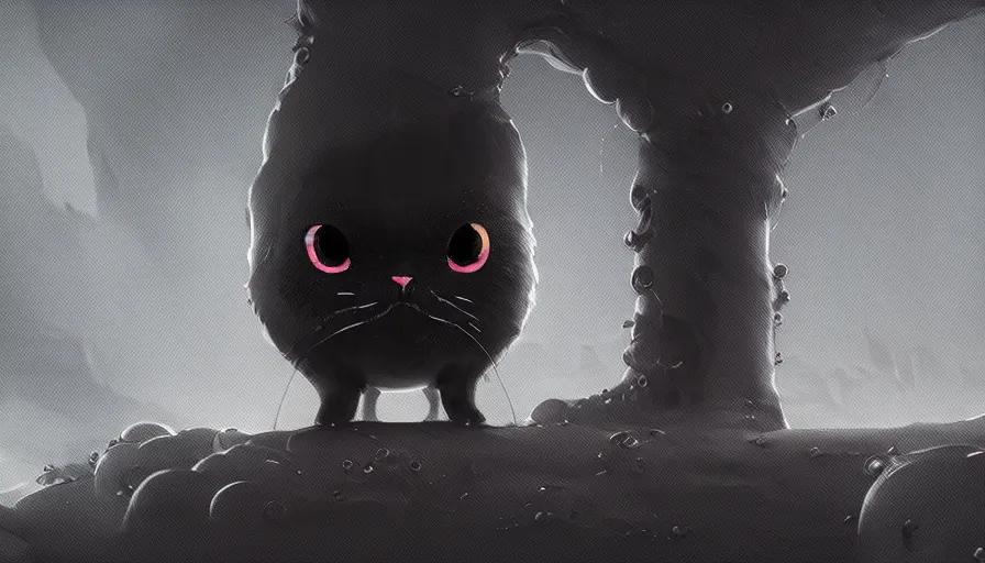 Image similar to a digital art portrait of black slime cat character design from rain world, cute liquid ink cat 4 k, ultra detail, volumetric lighting, unreal engine, octane render