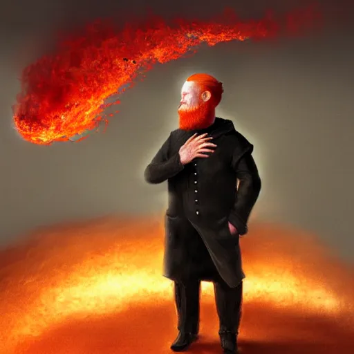 Image similar to grumpy red haired man with red beard, wearing black coat, fire behind him, oil painting, fantasy artwork, fantastic artwork, 4 k, trending on artstation