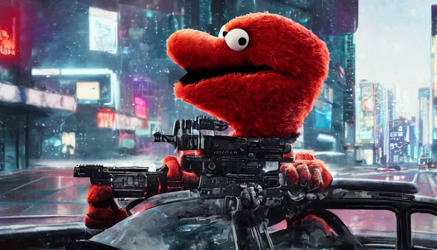 Image similar to elmo!! holding a machine gun leans out of the window of a driving car in cyberpunk, digital art, rendering, hyperrealistic, photorealism