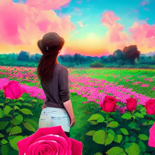 Image similar to large rose for face, girl frontal in a flower field, surreal photography, sunrise dramatic light, impressionist painting, colorful clouds, digital painting, artstation, simon stalenhag