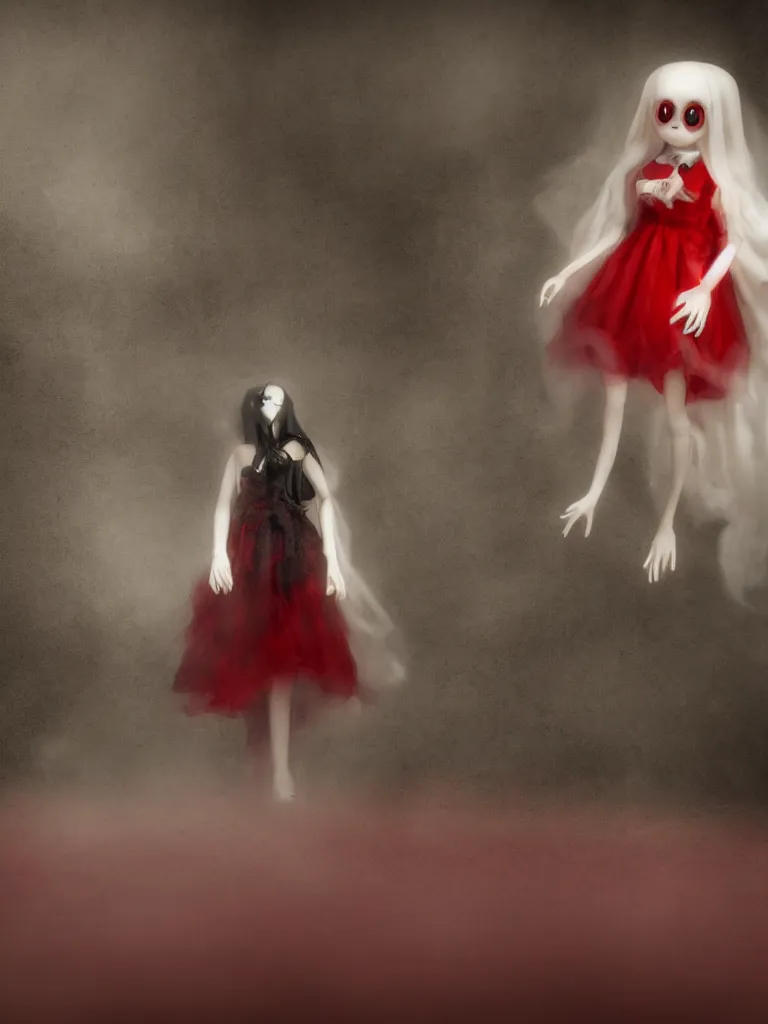 Prompt: cute drooping ectoplasmic fumo plush gothic maiden ghost apparition girl, in the lobby of a flooded abandoned hotel where it rains inside, volumetric fog, melting black and red dress, vignette, bokeh