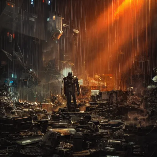 Prompt: mecha made from kitchen utensils, dark messy smoke - filled cluttered workshop, dark, dramatic lighting, orange tint, cinematic, highly detailed, sci - fi, futuristic, movie still from blade runner