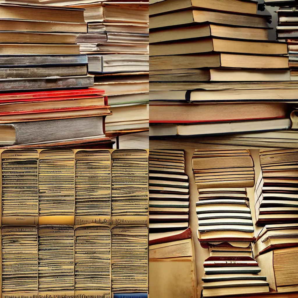 Prompt: flat texture map of a pile of old books