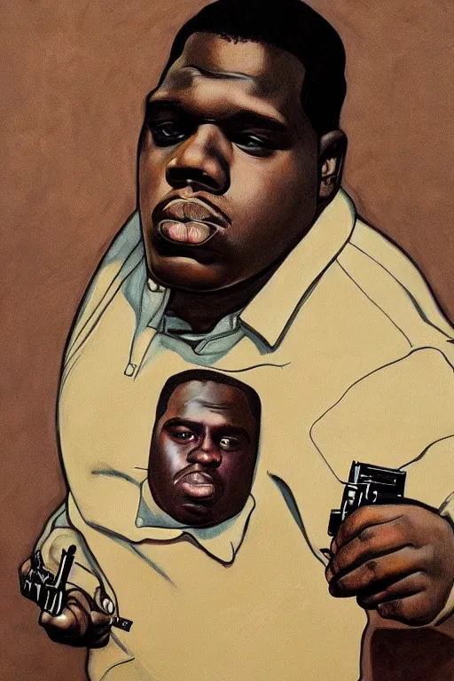 Image similar to a portrait of biggie smalls pointing a gun in style of egon schiele, masterpiece, hyperdetailed, complex, intricate, 4 k, trending on artstation