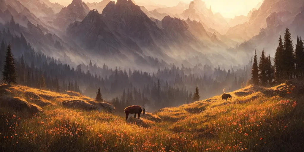 Image similar to first light, mountains, meadow, wildflowers, hear of elk, clouds, dramatic lighting, sunrise, by greg rutkowski and jeffrey smith, trending on artstation