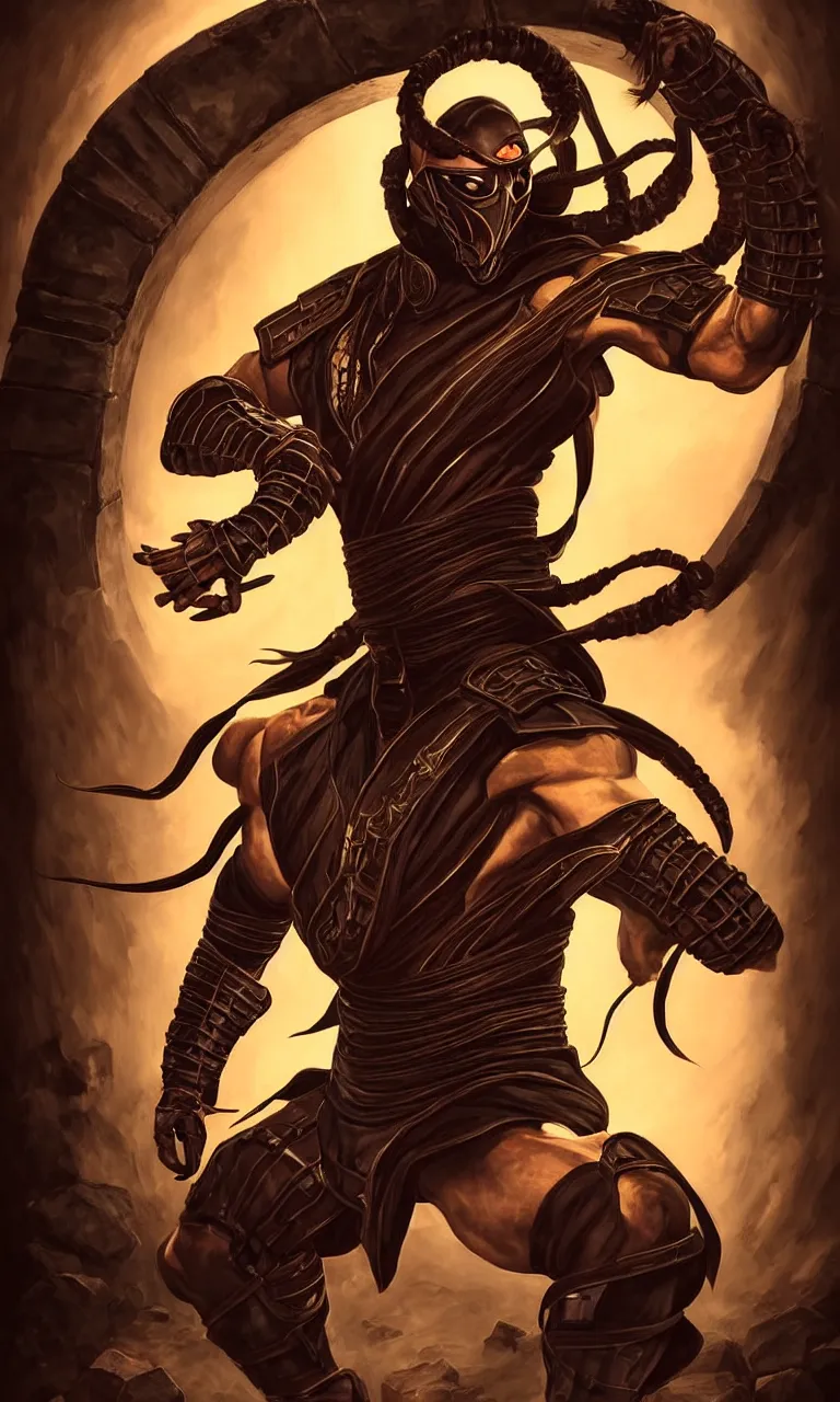 Image similar to portrait of hanzo hasashi scorpion from mortal kombat in the gates of a portal, full body shot, camera pulled back far, highly detailed dramatic lighting, artstation, atmospheric perspective, artgerm, mk ninja, epic ninja suit, intense contrast, 3 light sources, by lee bermejo, alphonse mucha and greg rutkowski