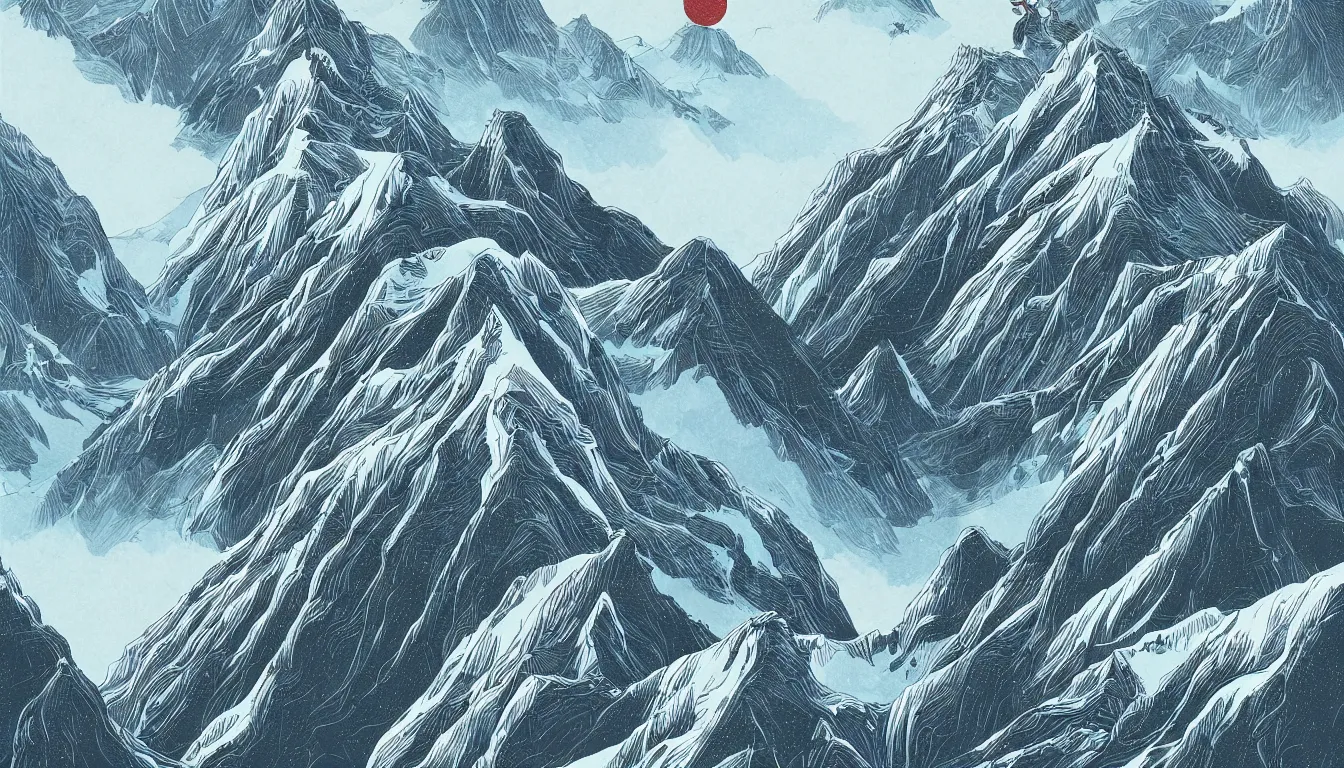 Image similar to himalayas, chinese ink brush, yukio - e, kilian eng, victo ngai, josan gonzalez