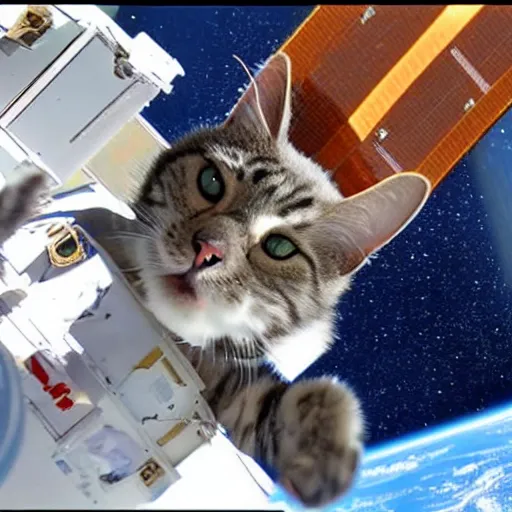 Image similar to Photo of a cat floating inside the ISS, realistic award-winning