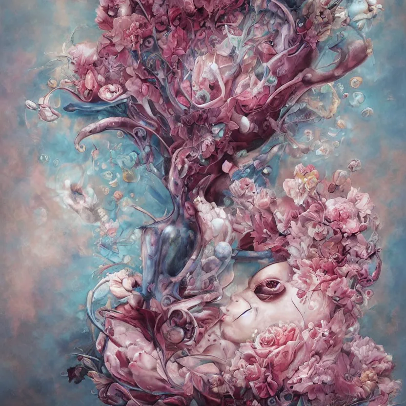 Image similar to a biomorphic painting of a vase with flowers and eyeballs in it, a surrealist painting by Marco Mazzoni, by Peter Mohrbacher, by Dorothea Tanning, pastel blues and pinks, featured on artstation, metaphysical painting, oil on canvas, fluid acrylic pour art, airbrush art,