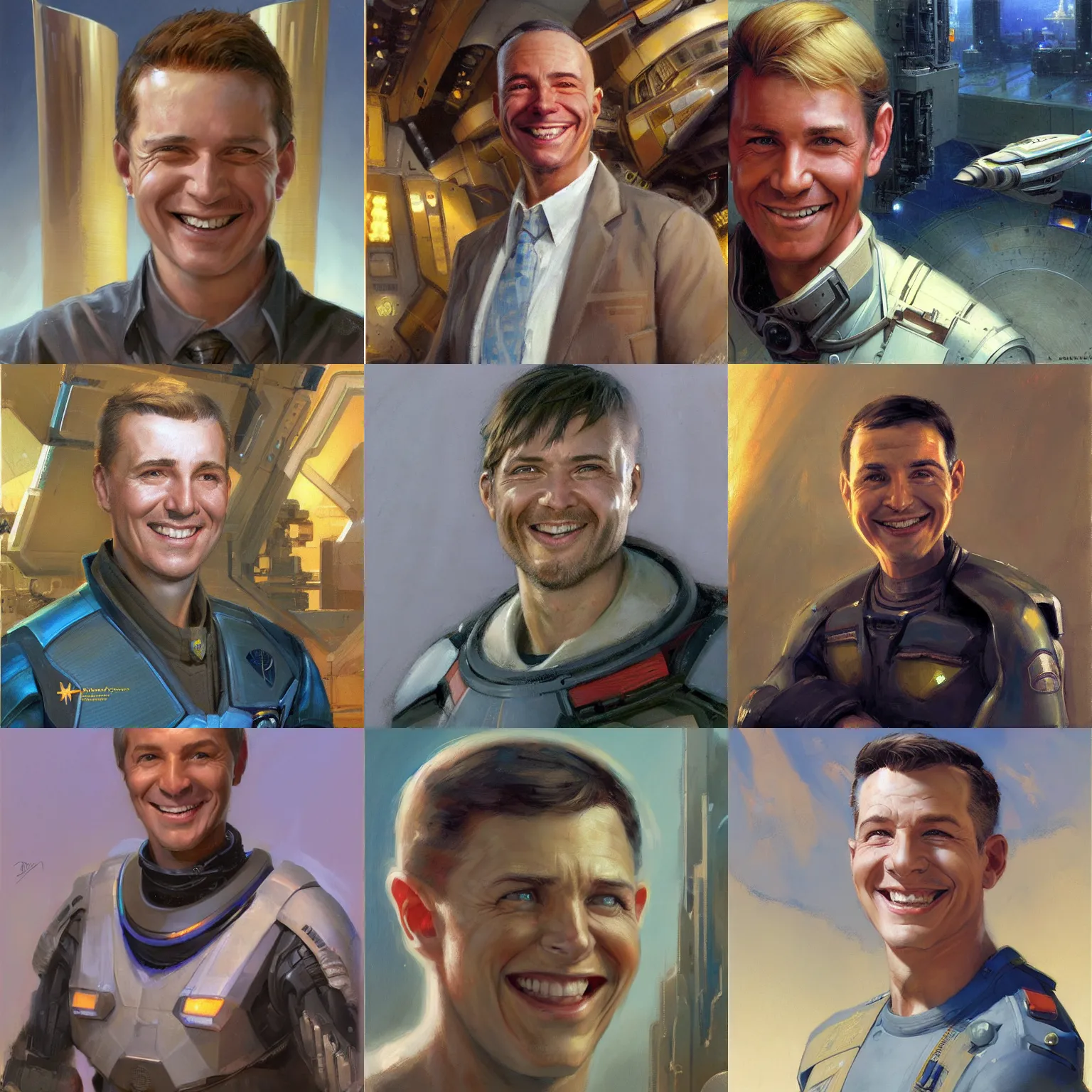 Prompt: futuristic starship engineer with short hair, male, optimistic smile, candid, sci fi character portrait by Donato Giancola, Craig Mullins