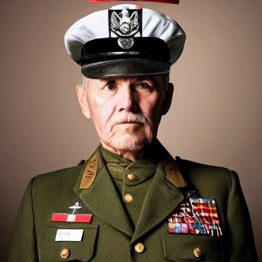 Image similar to a masterpiece portrait photo of an older man in a military uniform full of distinctions, mary elizabeth winstead symmetrical face