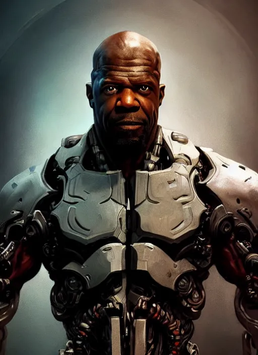 Image similar to terry crews as victor stone, full body concept, cyborg, borg, strogg, face of a man, terminator, flesh, quake strogg, doom demon, wolfenstein, monstrous, powerful, symmetry, symmetrical, concept art by ruan jia and greg rutkowski