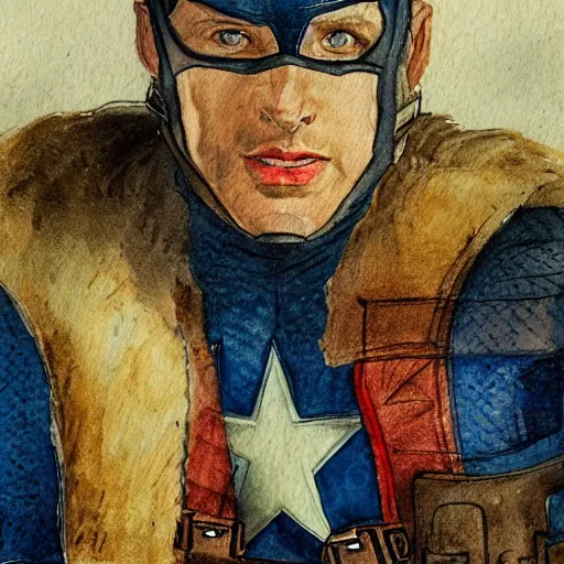 Prompt: captain America snaps, and looses his mind, hyper detailed, portrait, watercolor, by Leonardo da Vinci