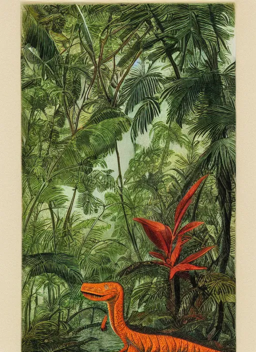 Image similar to a vintage dinosaur in a tropical forest, john james audubon, intaglio 8 k resolution