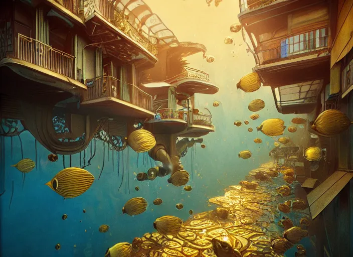 Image similar to art nouveau favela, underwater environment, scenery, professional, award - winning, trending on artstation, hyper detailed, realistic, beautiful, emotional, shiny, golden, picture