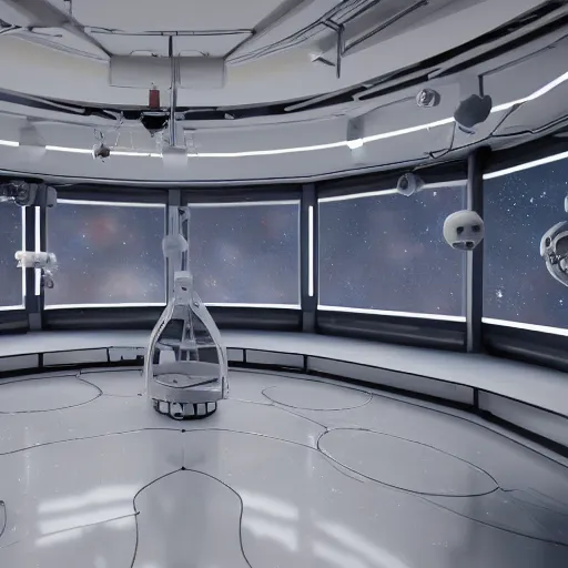 Image similar to space laboratory, cozy, simple, reflective surfaces, unreal engine 5 tech demo, unsplash