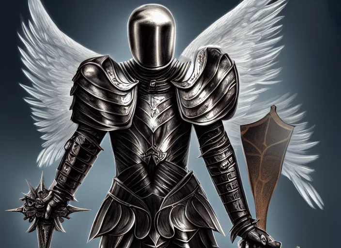 Image similar to a digital painting of an angel in armor in armor in armor holding two swords, a digital rendering by jan tengnagel, fantasy art, deviantart uhd, deviantart, apocalypse art, ray tracing, highly detailed, high quality, 8 k resolution