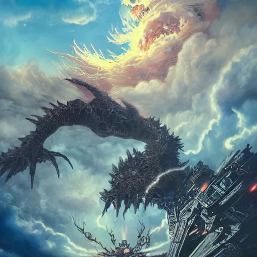 Prompt: scifi concept art of a kaiju monster attacking an steampunk city ayami kojima, cumulonimbus clouds, sunset, chaotic atmosphere, very very very beautiful art, cinematic lighting, bright pastel color, blue sky